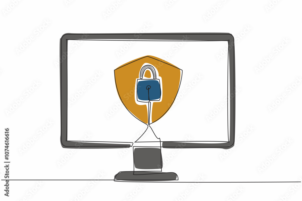 Poster Single one line drawing shield and padlock in the middle of the computer monitor. Computer use two security systems. Protecting. Secure. Data Privacy Day. Continuous line design graphic illustration