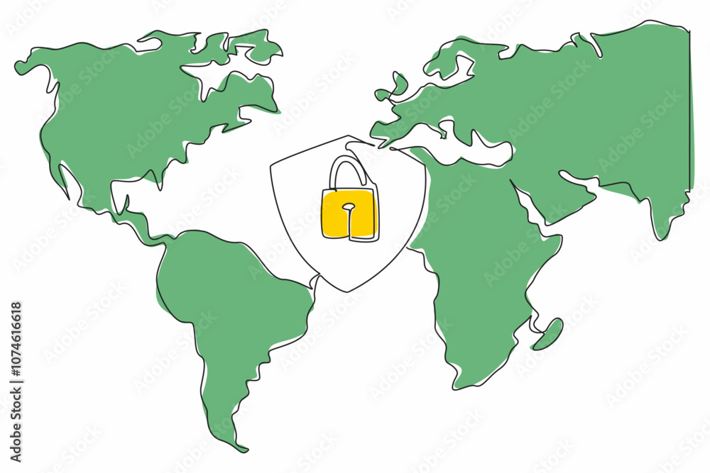 Poster single continuous line drawing the shield and padlock with world map background. the world is connec