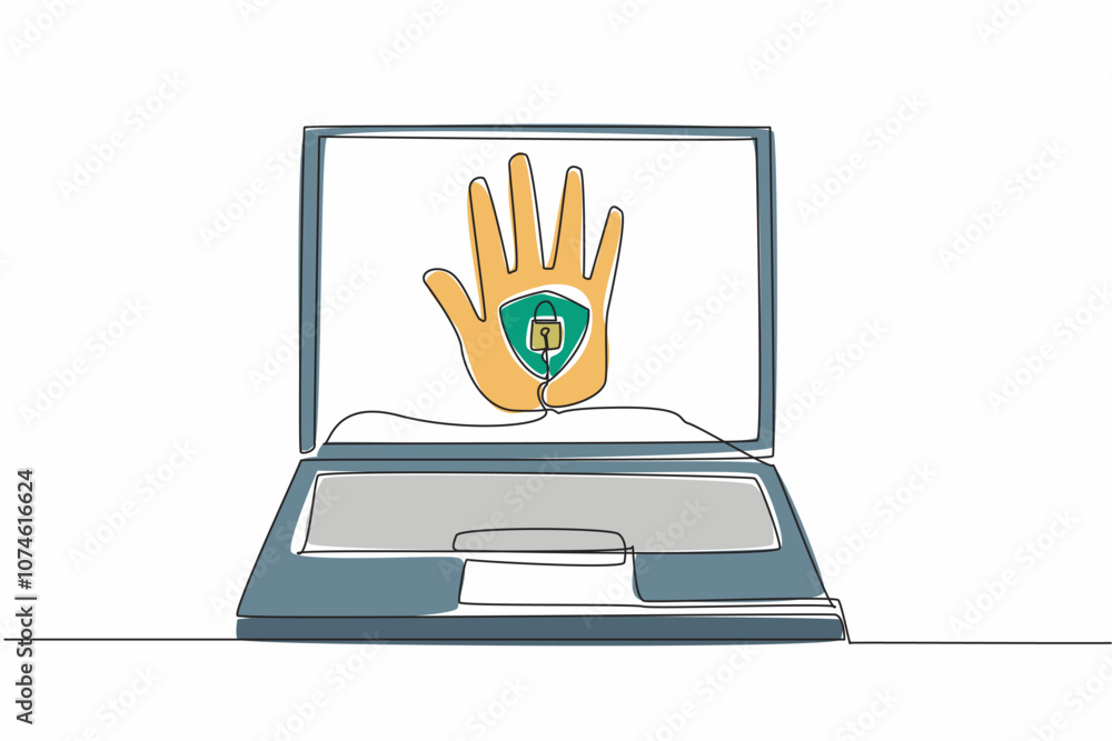 Poster continuous one line drawing shielded and locked palm in middle of the laptop screen. two security ve