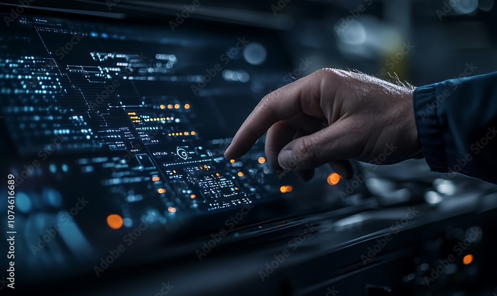 Aufkleber a hand interacts with a touchscreen control panel displaying complex data and graphics in a high-tec