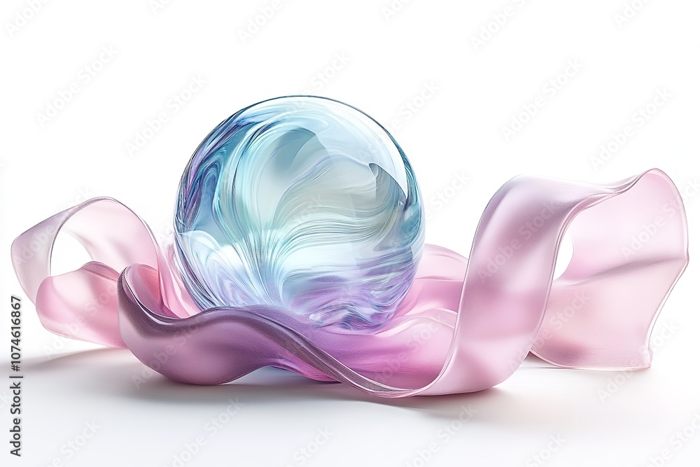 Poster a 3d rendering of an abstract futuristic element featuring a glass sphere and ribbons, set against a