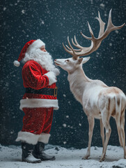 Santa Claus, next to him a big white deer, winter background