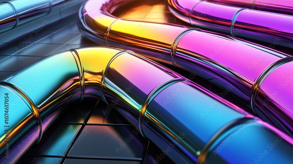 Fototapete a 3d rendering of an abstract futuristic glossy background with iridescent rainbow reflections on a 