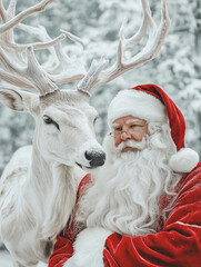 Santa Claus, next to him a big white deer, winter background