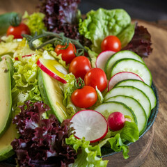 Crisp lettuce, cherry tomatoes, radishes, and avocado on a rustic plate, lightly drizzled with olive oil. The vibrant colors pop against a dark, rustic background for fresh appeal.