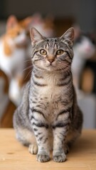 A full-body portrait of a cat sitting upright, gazing directly at the camera with an alert expression, capturing its curious and calm demeanor.