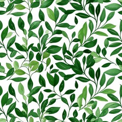A vibrant pattern of green leaves on a white background, showcasing various shades and shapes, ideal for nature-themed designs.