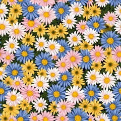 A vibrant display of colorful flowers, including daisies in pink, blue, yellow, and white, creating a cheerful and floral-rich pattern.