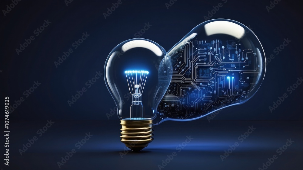 Aufkleber this mockup shows a glowing lightbulb with a circuit board inside on a dark blue background. notion 