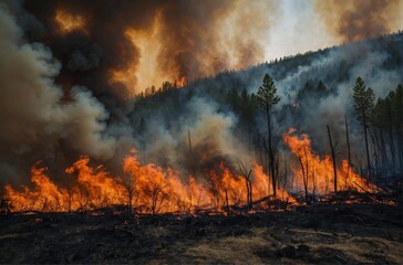 Destructive wildfires engulf forested hillsides under dark smoke-filled skies at sunset
