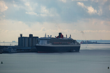 Legendary ocean liner cruise ship cruiseship Queen Mary at  terminal in Brooklyn, New York City...