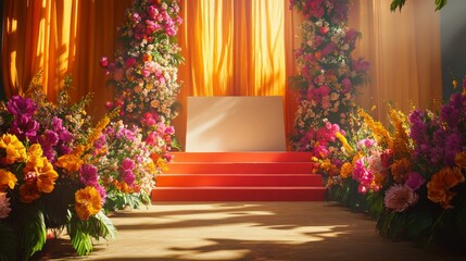 An empty scene featuring blank mockup template on a colorful stage decorated with large floral arrangements, 