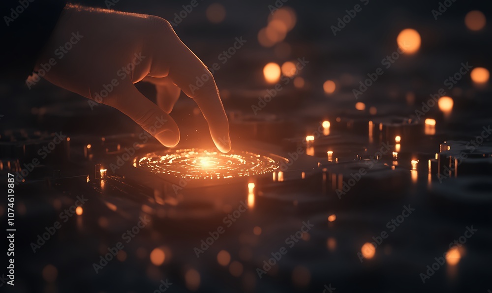 Poster a hand gently touches a glowing, circular pattern amidst scattered lights, creating a mystical atmos