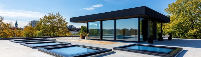 Fototapeta premium Installation of skylights on a roof bringing natural light and warmth to indoor spaces, enhancing comfort and ambiance.