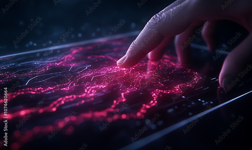 Poster a glowing display showcases a hand interacting with vibrant, flowing digital patterns, symbolizing c