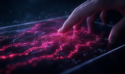 A glowing display showcases a hand interacting with vibrant, flowing digital patterns, symbolizing connectivity and advanced technology.