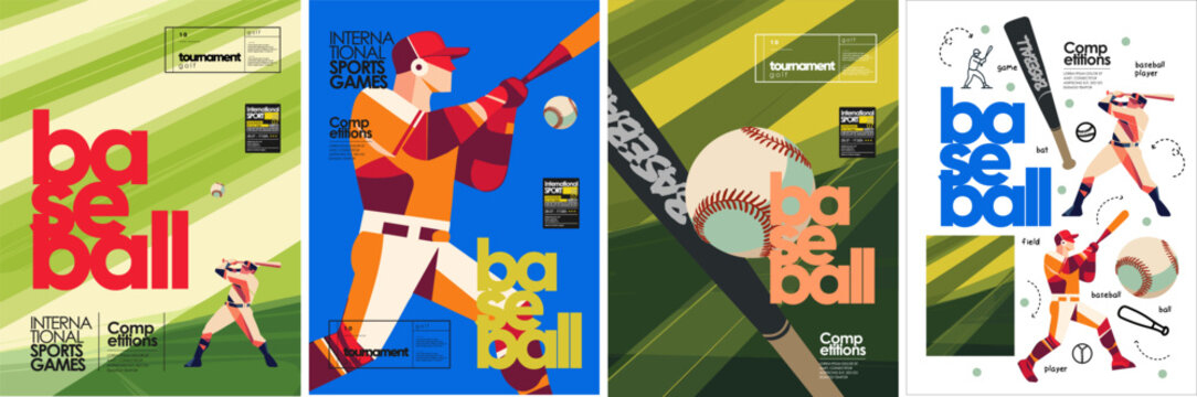 Baseball. Vector abstract illustration of sport baseball player, field, bat, ball, objects and icons for poster, background, ticket or flyer