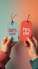 Hands hold discount tags for 30% and 75% off against a vibrant background