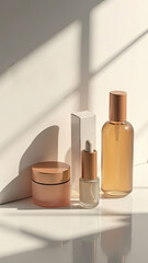Aesthetic display of skincare products on a sunlit surface with soft shadows