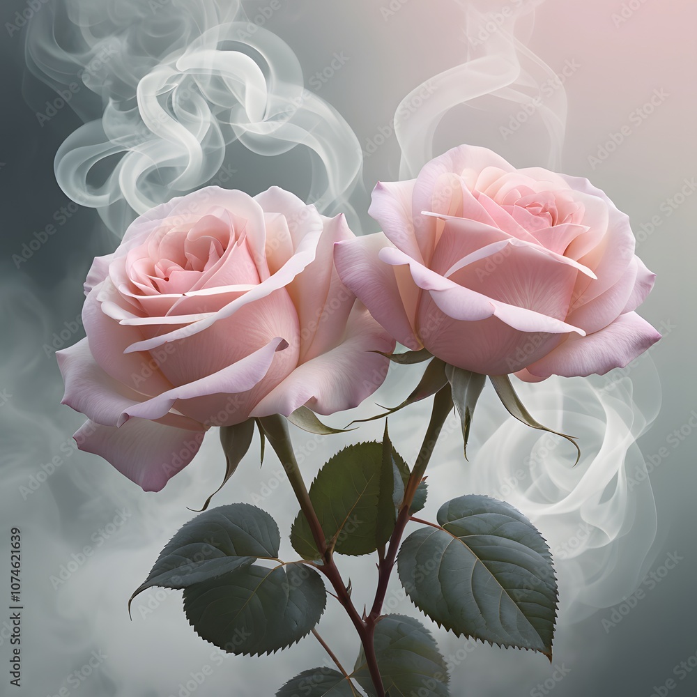 Poster ethereal illustration of two intertwined pink roses surrounded by soft translucent smoke for elegant