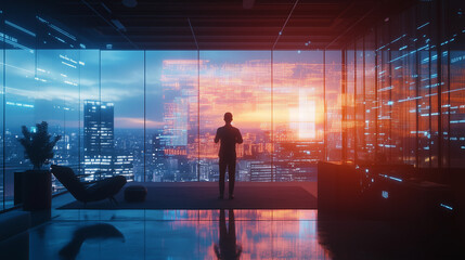 Silhouette of a man in business suit looking at a futuristic virtual screen with graphs and big data projected onto a panoramic window of a skyscraper office.