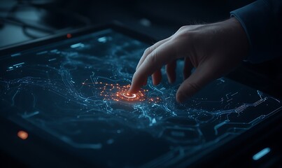 A hand interacts with a futuristic touchscreen displaying an intricate digital map, highlighted by glowing data points.