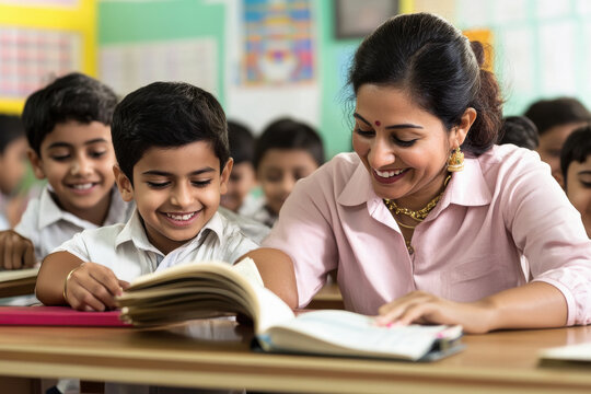 Indian teacher is helping a boy student in the classroom, with smiling and happy students sitting at their desks reading books. - Powered by Adobe