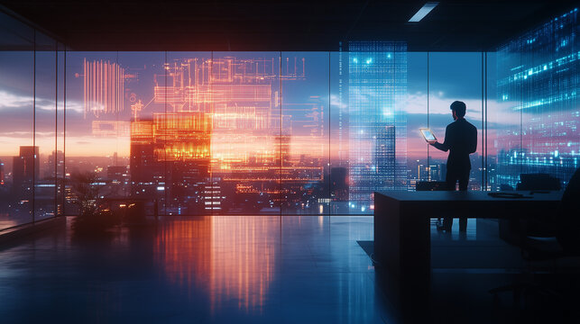 Silhouette of a man in business suit standing behind the desk looking at a futuristic virtual screen with graphs and big data projected onto a holographic panoramic window of a skyscraper office.