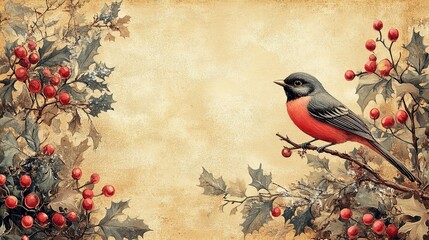 Retro Holiday Card with Christmas Tree, Birds, Ornaments, Ornate Floral Border, and Blank Space – Vintage Christmas and New Year Theme in Soft Tones