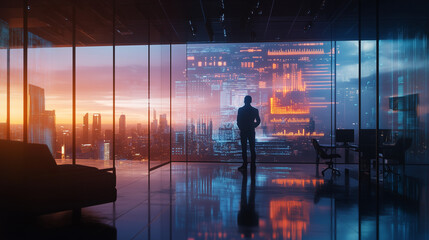 Silhouette of a man in business suit looking at a futuristic virtual screen with graphs and big data projected onto a holographic panoramic window of a skyscraper office with sunset view of the city.
