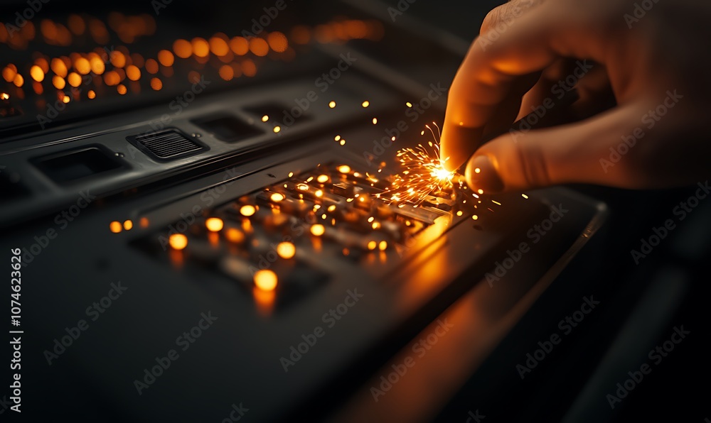 Aufkleber A hand igniting sparks on a control panel, capturing the essence of technology and energy interaction in a dramatic, illuminated close-up.