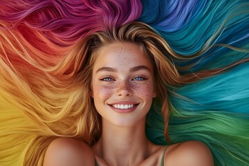 Fototapeta premium Vibrant rainbow-colored hair spread across entire ground, creating vivid background, with young beautiful woman lying down top view, looking at camera