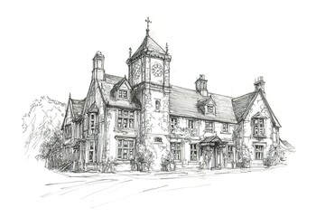 Fototapeta premium Old english stone cottage, sketch collection 