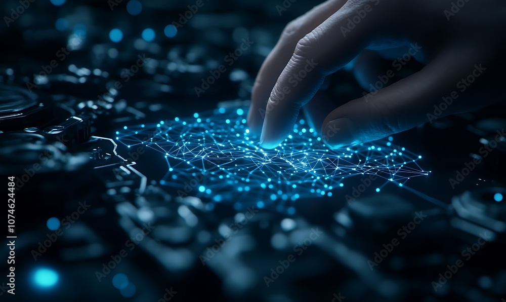 Poster a hand hovers over a digital interface, surrounded by glowing blue particles, symbolizing technology