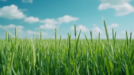Obraz premium Lush Green Wheat Field Under Clear Blue Sky with Fluffy White Clouds - A Rural Paradise. Sustainability Mindset Concept