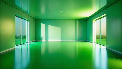 Empty green room with natural light illuminating the glossy floor and windows overlooking a view of trees