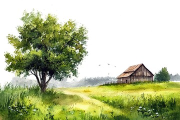 Obraz premium Watercolor rural landscape. Barn, stable in the village. Cart with hay, hedge on the background of the forest. Digital painting. Drawing watercolor. Travel and vacation concept. 