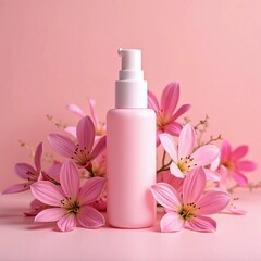 pink cosmetic bottle with flowers on pink background. flat lay. copy space, top view.