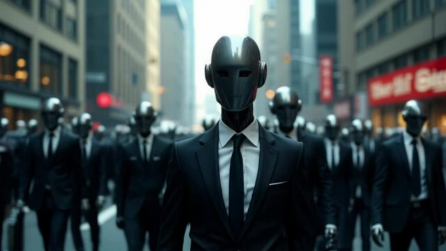 A futuristic, black-suited android walks confidently through a crowded urban street filled with identical men, symbolizing conformity, technology, and artificial intelligence in modern society.