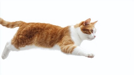 Jumping ginger cat in mid-air on white background.