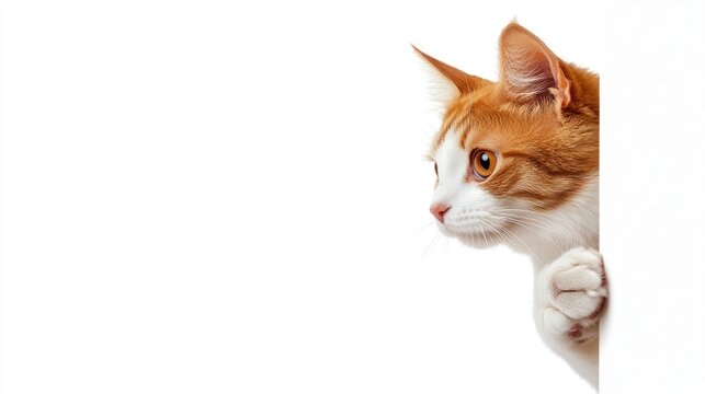 Curious ginger cat peeking around the corner intently.