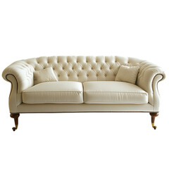 Fototapeta premium Two-seater sofas, high armrests with buttons on the back, and legs made of dark wood isolated on transparent background