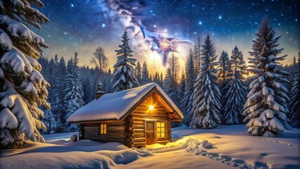 Fototapeta premium A cozy wooden cabin nestled amidst a snow-covered forest, illuminated by the soft glow of a window, under a night sky filled with twinkling stars and a breathtaking aurora borealis.