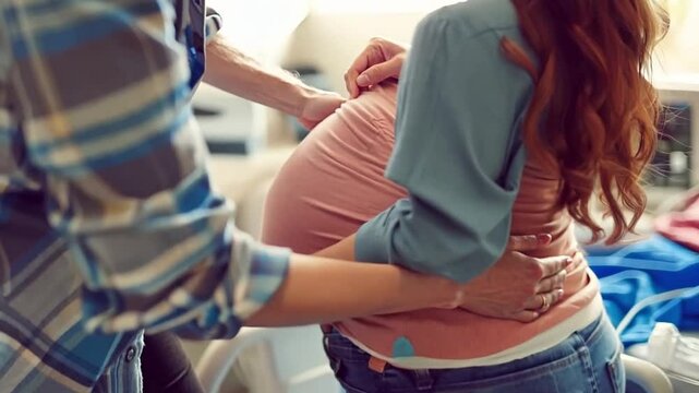 Caring midwife supports a pregnant woman in labor in a hospital room. The family eagerly awaits the new addition. The image captures hope, happiness, and care during childbirth	