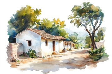 Nice scenery of village homes and trees with green foliage. Hand painted watercolor art created with watercolor paint and brushes. Indian village landscape.
