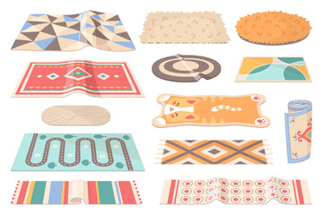 Wool carpets. Color rugs, cozy home floor textile, interior fabric elements, decorative mats, living room and nursery object, modern ornamental ethnic pattern, vector cartoon flat isolated set