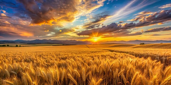 Golden wheat field bathed in the warm glow of a dramatic sunset, with a backdrop of rolling hills and clouds casting long shadows