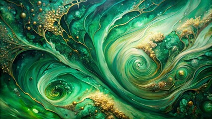 Obraz premium Abstract Swirling Green and Gold Texture with Dynamic Patterns and Circular Shapes