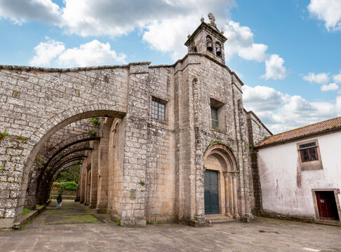 Ancient collegiate church Santa Maria de Sar in Santiago de Compostela with giant buttresses, subsequently built due to static problems