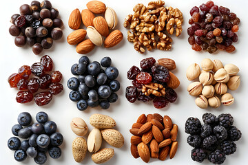 Obraz premium Nuts and dried berries collection isolated on a white background